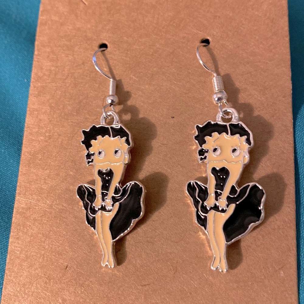 Silver tone black dress black enamel dress Betty boop earrings